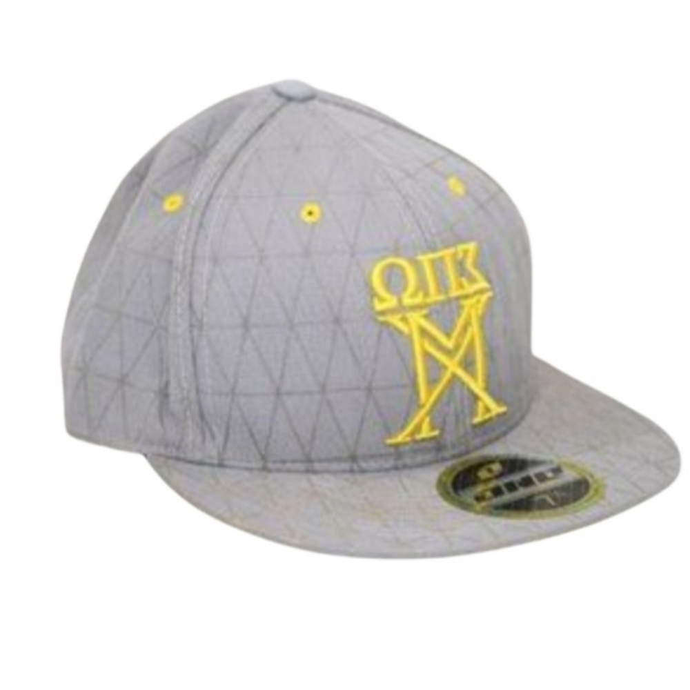 One Industries Omega Pi Sigma Hat Gray Yellow 7 3/8 Flat Rim Fraternity Greek